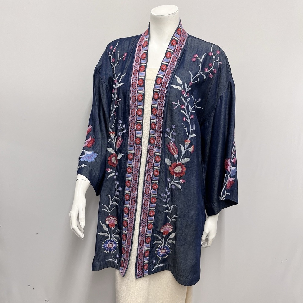 Johnny Was Workshop 100% Cotton Kimono Jacket Floral Embroidered Size L‎ - Picture 2 of 5